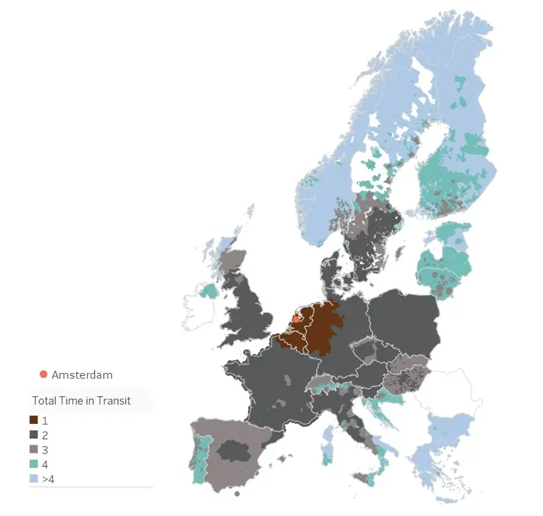 UPS Standard delivery times map across Europe showing estimated shipping durations by country